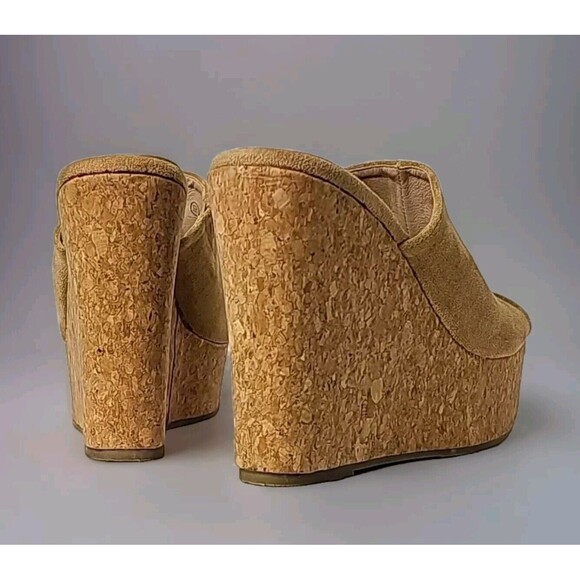 Unbranded Open Toe Beige Faux Suede 5.5" High Platform Cork Wedges Sandals Sz 10 - Picture 4 of 6